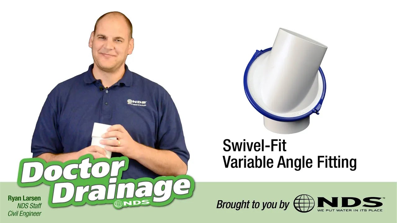 In this video, Dr. Drainage tells you about the Swivel-Fit variable angle fitting. The swivel fit can be rotated to any angle. This eliminates the need to have individual 90, 45, or 22 degree fittings that you would need to glue together to find the right angle to go around unforeseen obstacles.
