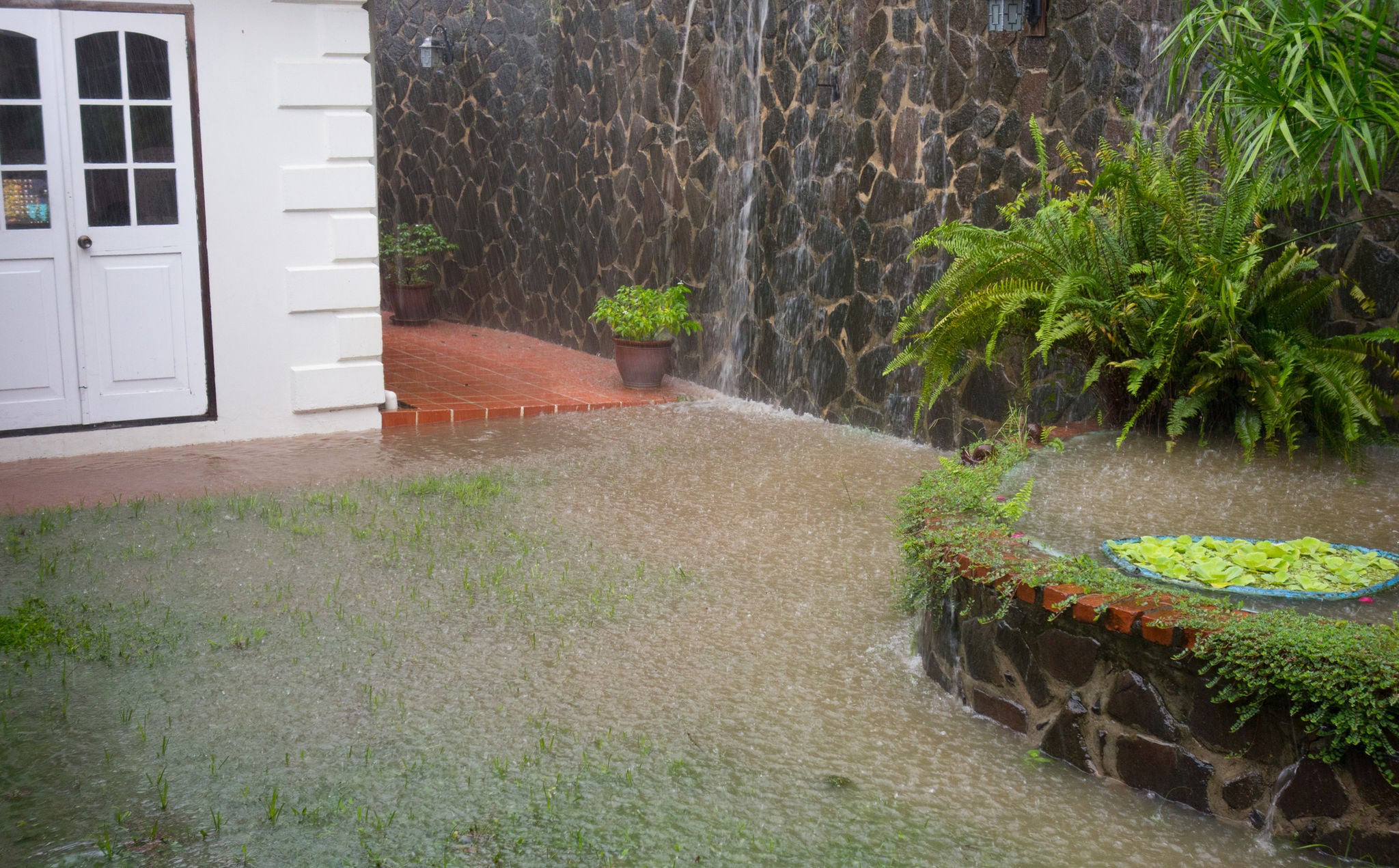 Yard flooding due to excessive rainfall and poor drainage