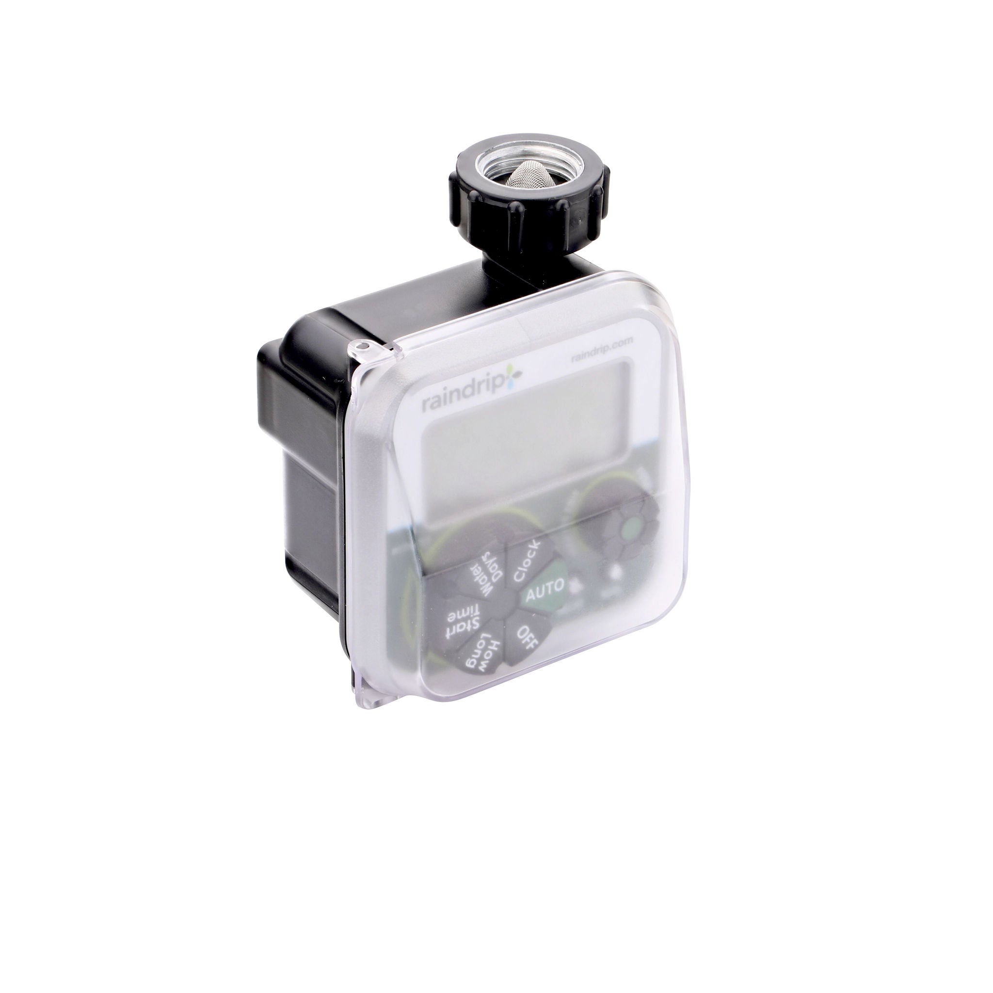 Translucent cover on the Raindrip Hose-End Digital Automatic Water Timer (Raindrip R775CT) provides UV protection to prevent fading and cracking