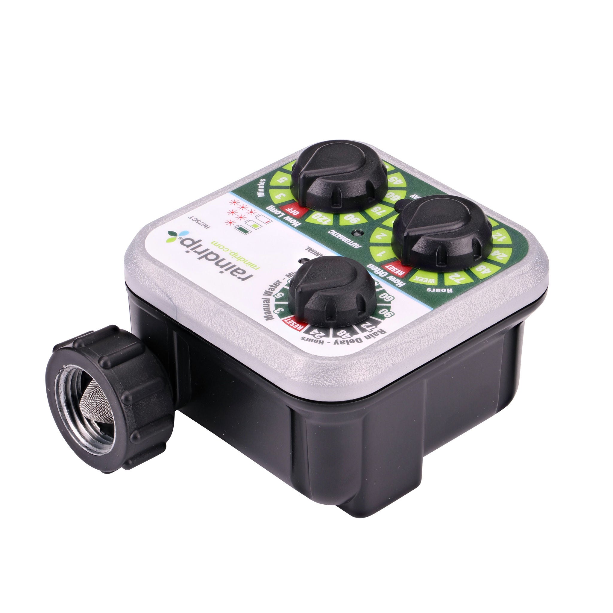 The inlet connection of the Raindrip Automatic Water Timer screws onto an outdoor faucet or hose bibb (Raindrip R675CT)