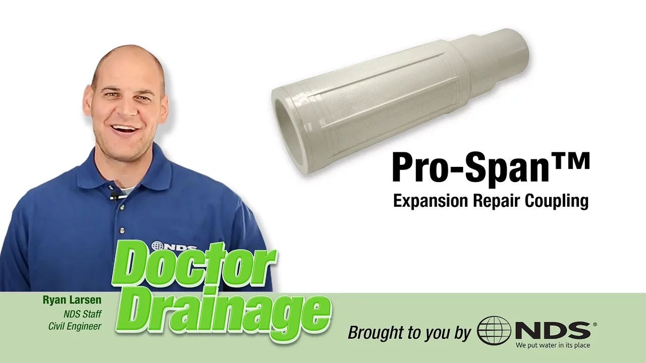 Hey Dr. Drainage here to talk about the NDS Pro-Span™ expansion repair coupling. The Pro-Span™ makes repairing a broken pipe much easier. Without the Pro-Span™, a large section of pipe must be undug so that you can bend the pipe to fix the broken section. With the Pro-Span™, you simply cut out the broken section and make the repair.