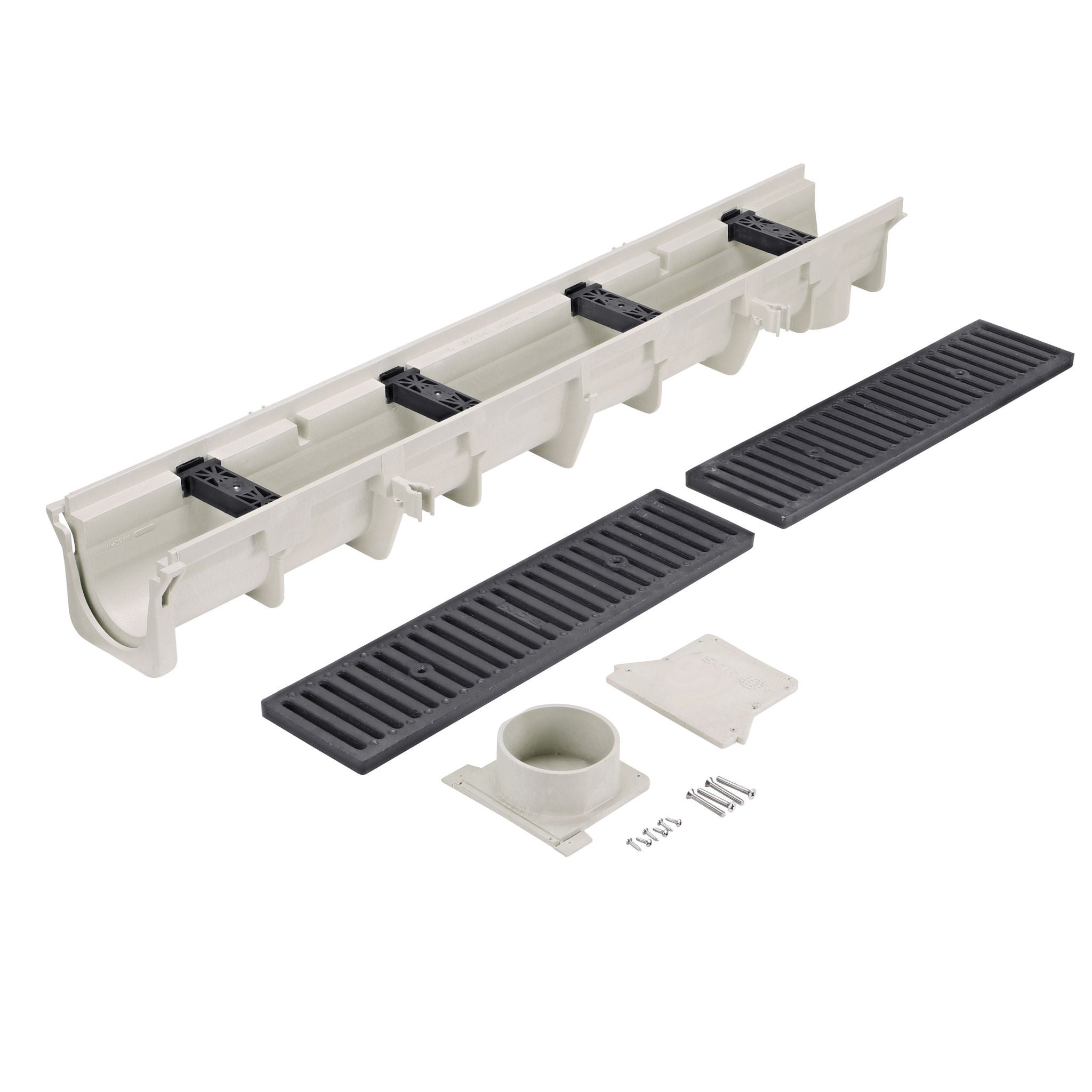 Dura Slope® Channel Drain Kit, 4.3 in. Invert Depth Neutral Channel, 6 in. Wide X 4 ft. Long X 6.1 in. Deep, Ductile Iron Grates, End Outlet, End Cap