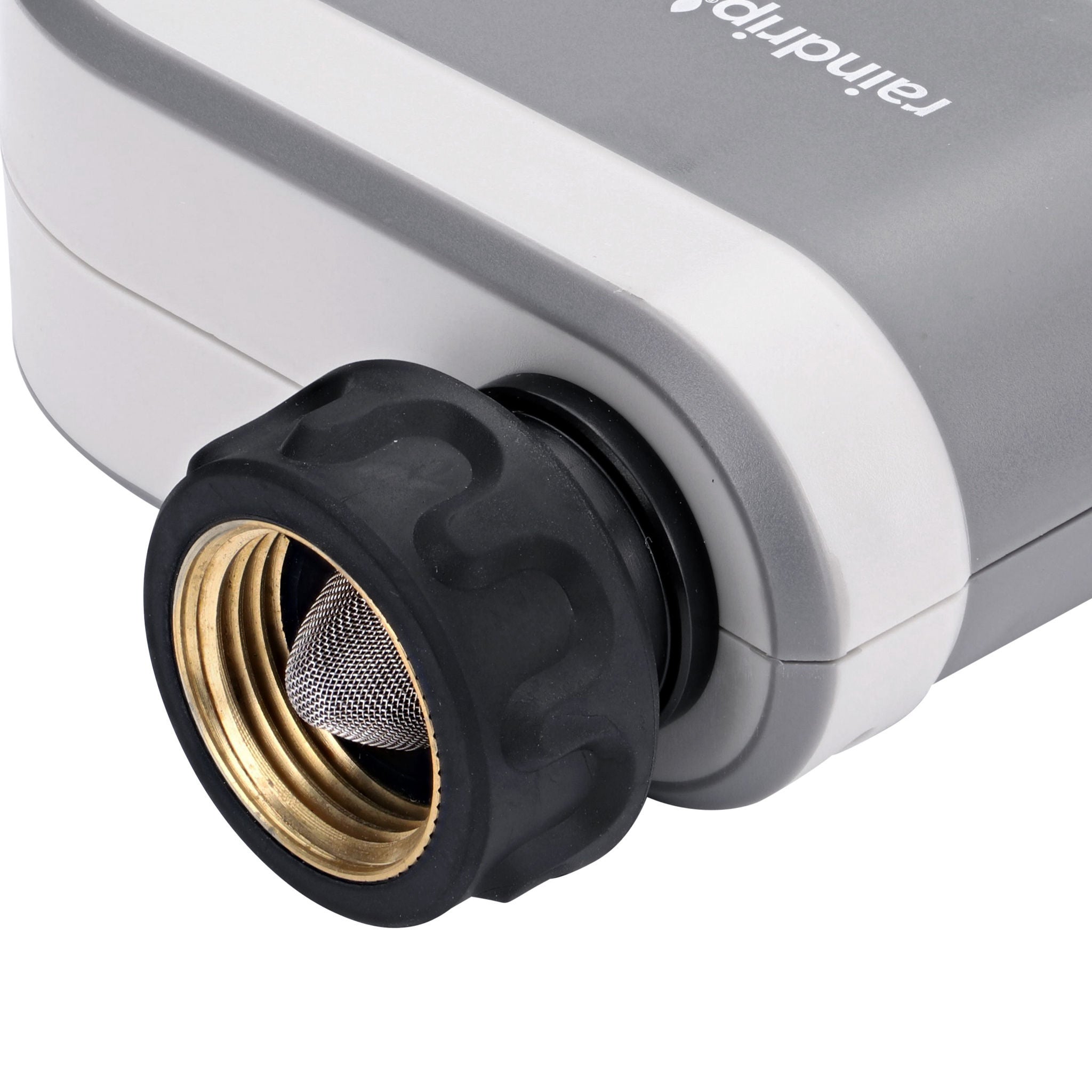 Closeup view of the Female Hose Thread (FHT) inlet on the Raindrip Smart Wi-Fi Timer (Raindrip R875CT) which connects directly to an outdoor faucet or hose bibb and has a leak-resistant metal inlet and screen filter