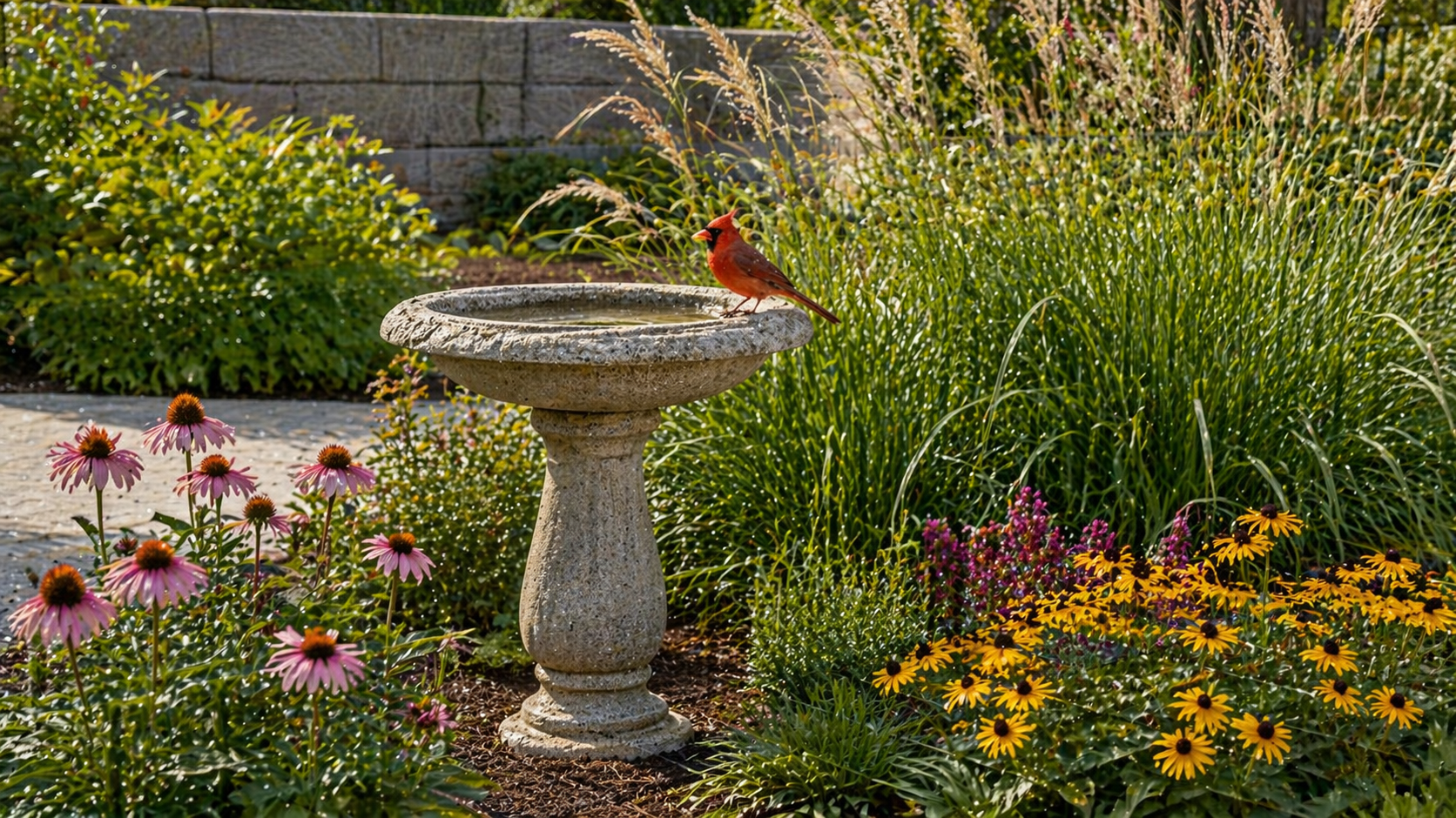 bird bath cardinal flowers