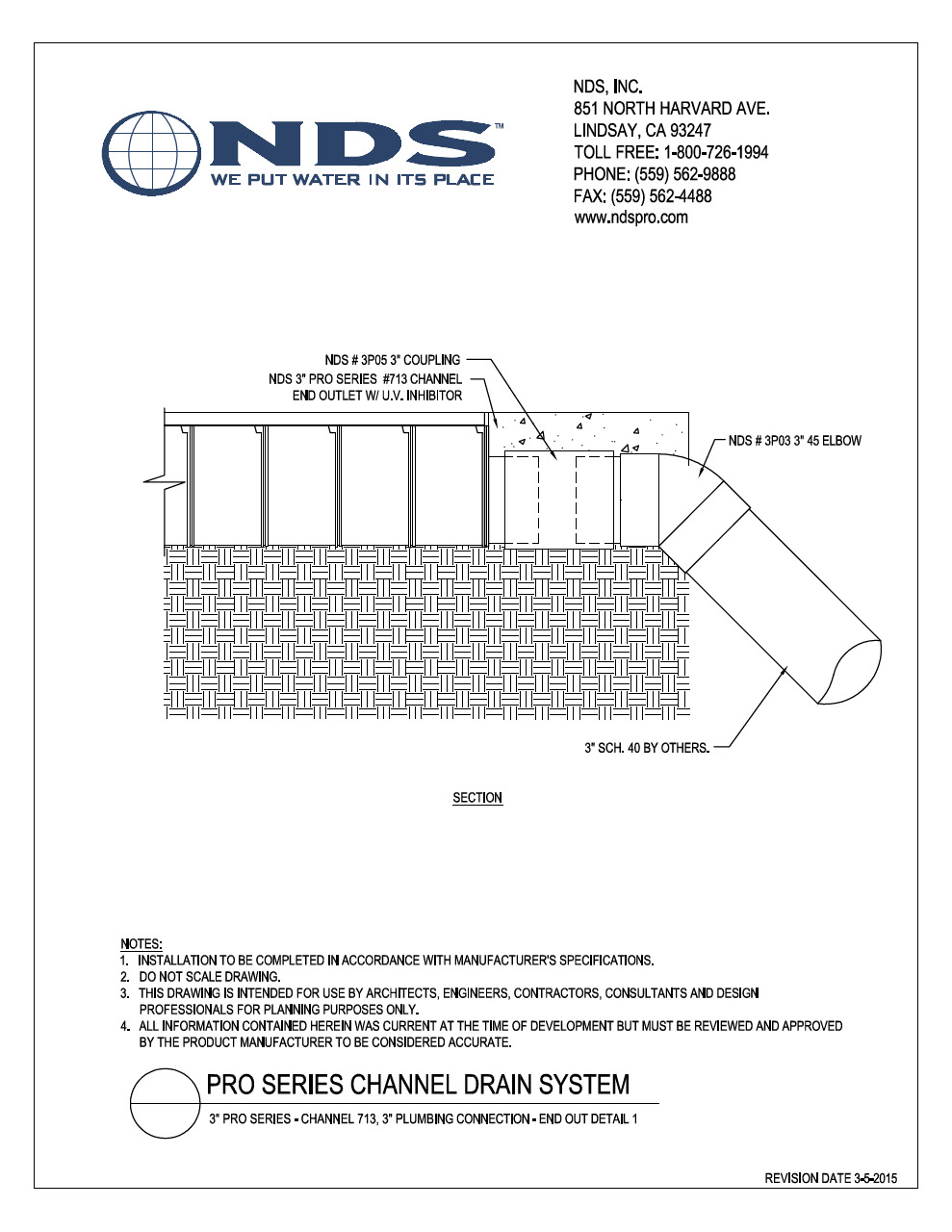 NDS 3 in. Pro Series Channel™ Drain System End Outlet 1 Installation Detail