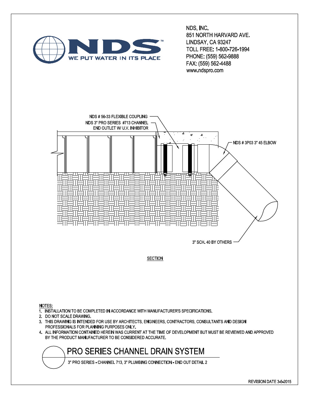 NDS 3 in. Pro Series Channel™ Drain System End Outlet 2 Installation Detail