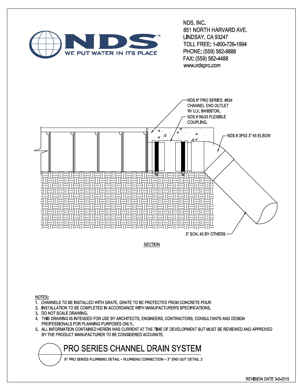 NDS 8 in. Pro Series Channel™ Drains 3 in. End Outlet Connection 2 Installation Detail