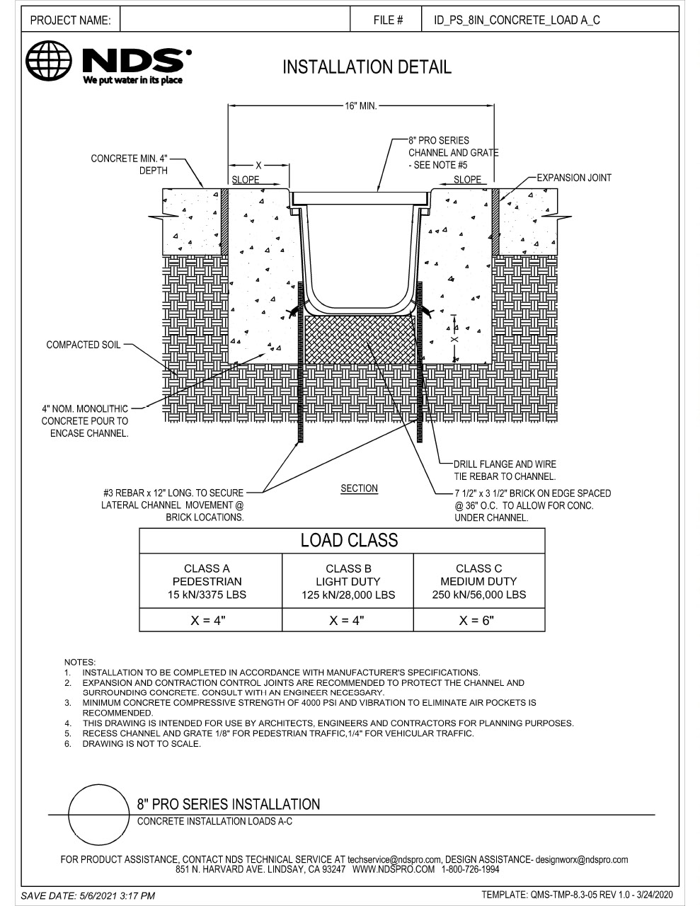 NDS 8 in. Pro Series Channel Drains & Grates Concrete Load A-C Installation Details