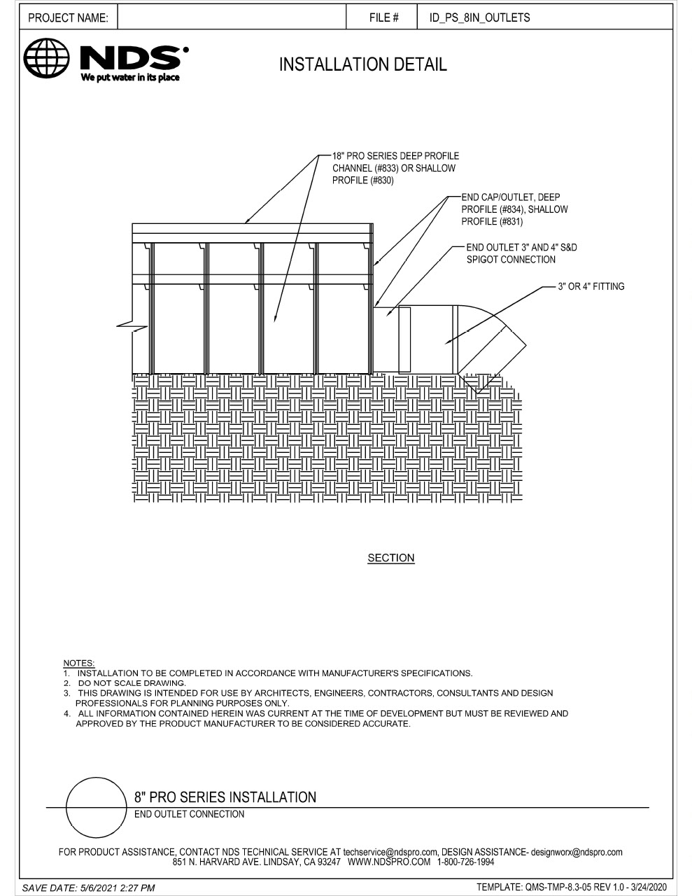 NDS 8 in. Pro Series Channel Drains & Grates Outlets Installation Details