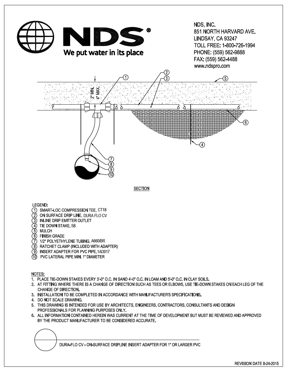NDS Dura Flo Check Valve Dripline Insert Adapter for 1 inch or Larger Installation Detail