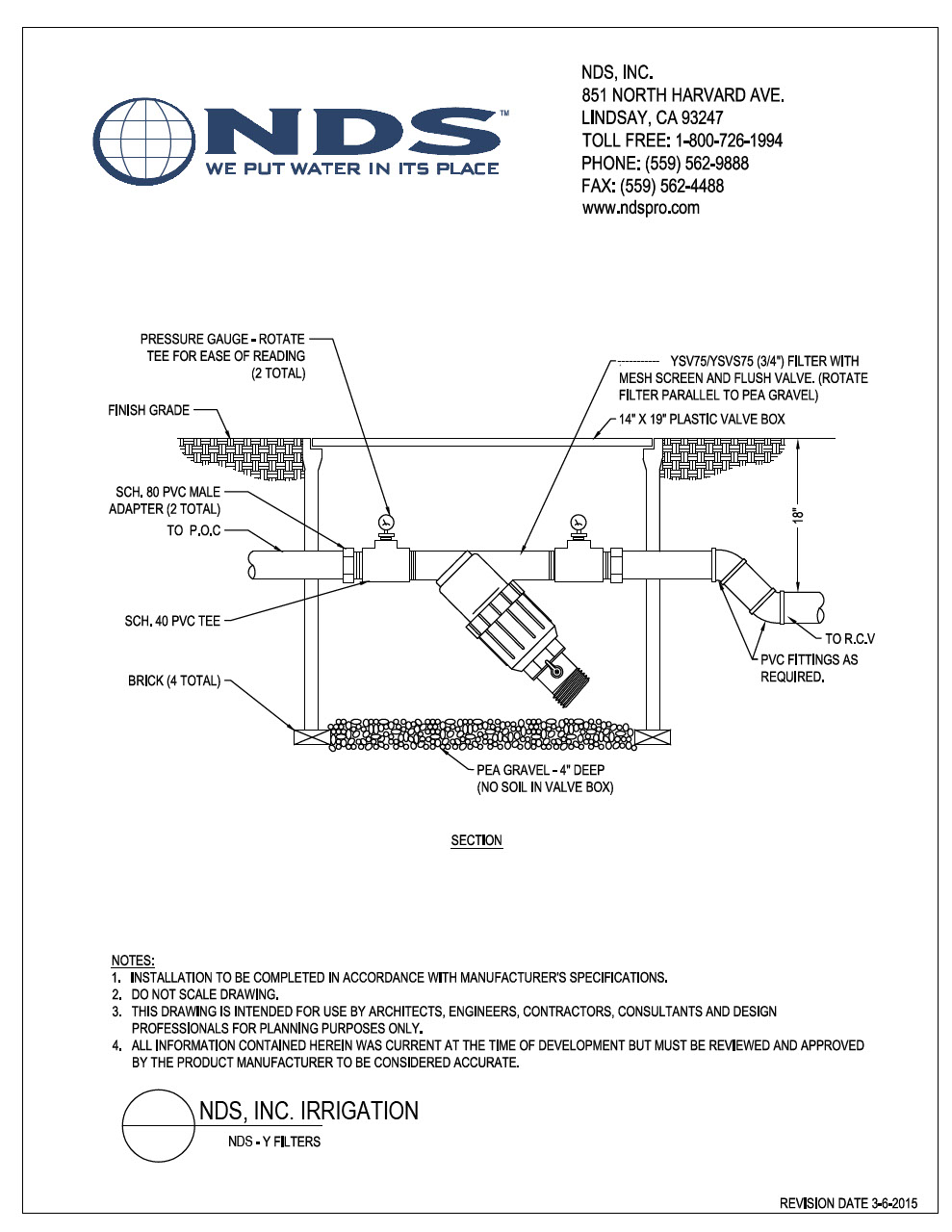 NDS Pressure Regulating Y Filters Installation Detail