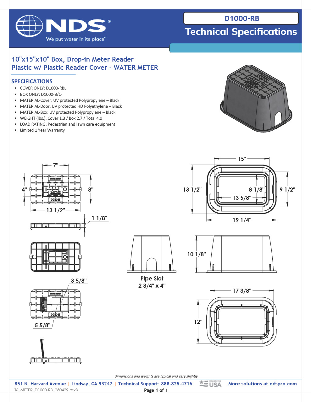 NDS 10 in. X 15 in. Rectangular D1000 Meter Box and Drop-in Cover, 10 in. Height, Black Box, Black Water Meter Cover with Plastic Reader Tech Spec