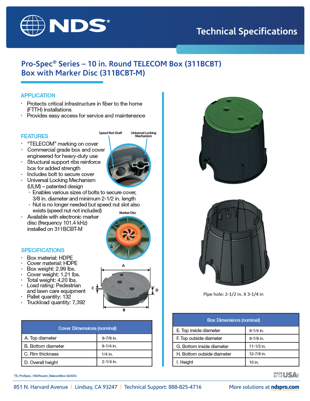 NDS 10 in. Round Pro-Spec® Series Telecom Boxes & Covers Tech Spec