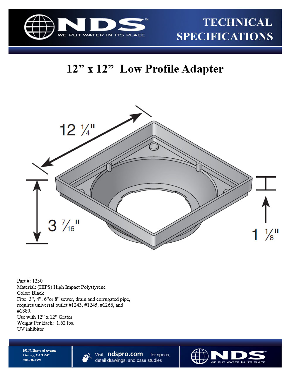 NDS 12 in. Square Low-Profile Adapter for 3 in. to 8 in. Drain Pipes with Outlet Adapter Tech Spec