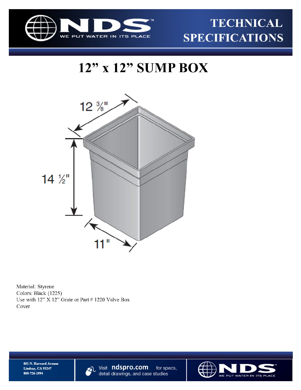 NDS 12 in. Square Sump Box Tech Spec