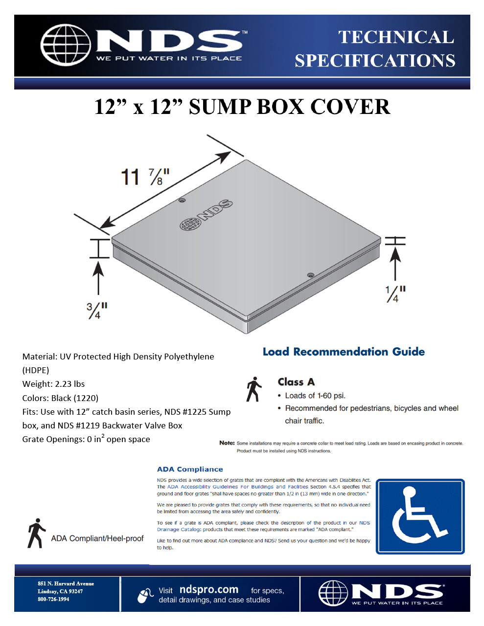 NDS 12 in. Square Sump Cover Tech Spec