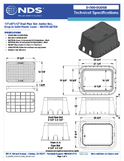 NDS 13 in. X 20 in. Rectangular D1500 Meter Box with Dual Pipe Slot and Drop-in Cover, 12 in. Height, Black Box, Black Water Meter Cover (no reader) Tech Spec
