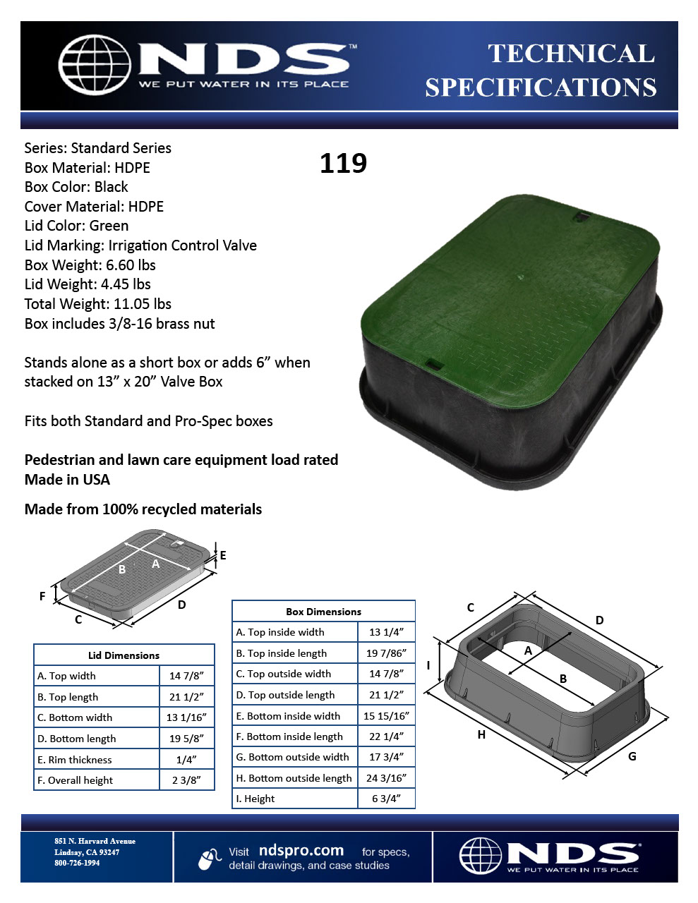 NDS 13 in. X 20 in. Rectangular Standard Series Jumbo Black Valve Box Extension and Green ICV Cover Tech Spec