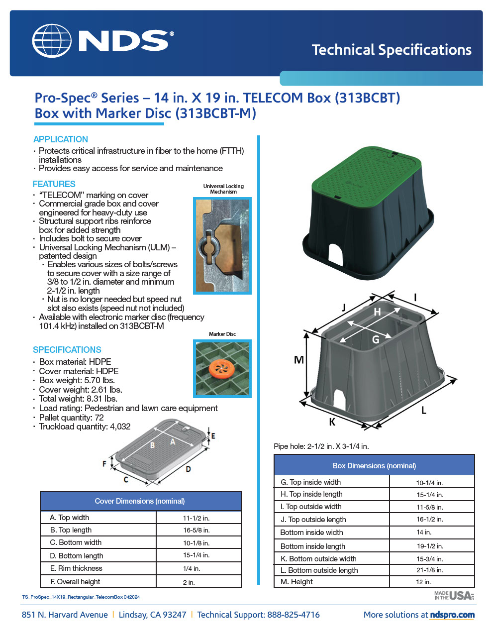 NDS 14 in. X 19 in. Rectangular Pro-Spec® Series Telecom Boxes & Covers Tech Spec