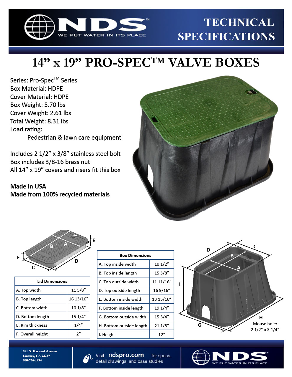 NDS 14 in. X 19 in. Rectangular Pro-Spec® Series Valve Boxes & Covers Tech Spec