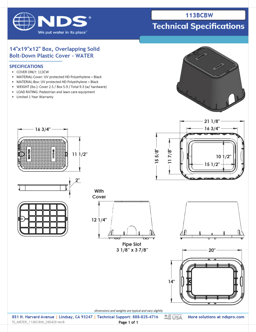 NDS 14 in. X 19 in. Rectangular Standard Series Meter Box and Cover, 12 in. Height, Black Box, Black Water Cover, Includes Bolt Tech Spec