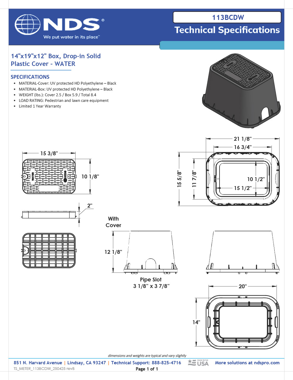 NDS 14 in. X 19 in. Rectangular Standard Series Meter Box and Drop-in Cover, 12 in. Height, Black Box, Black Water Cover Tech Spec