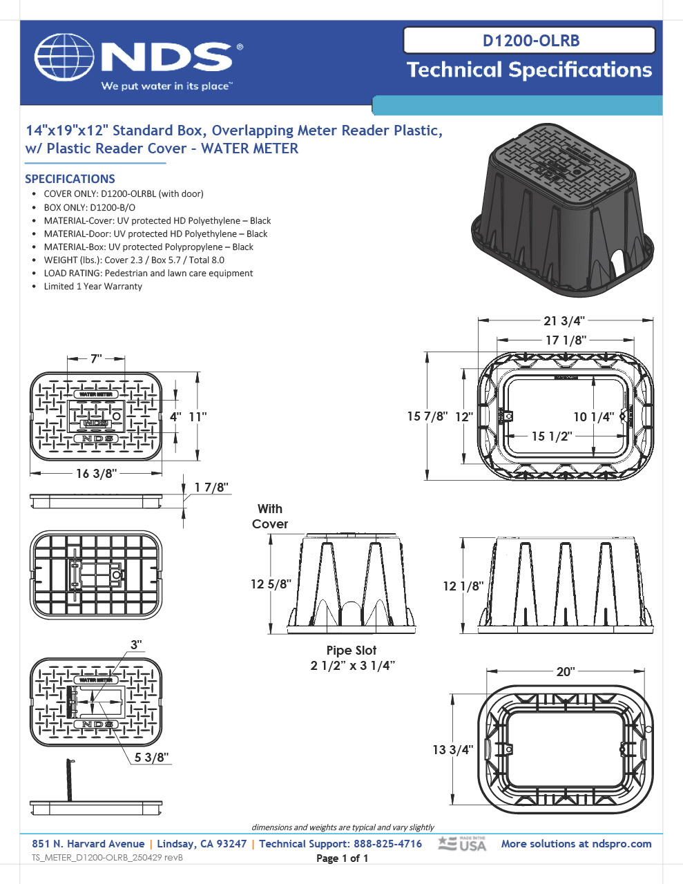 NDS 14 in. X 19 in. Rectangular D1200 Meter Box and Cover, 12 in. Height, Black Box, Black Water Meter Cover with Plastic Reader Tech Spec