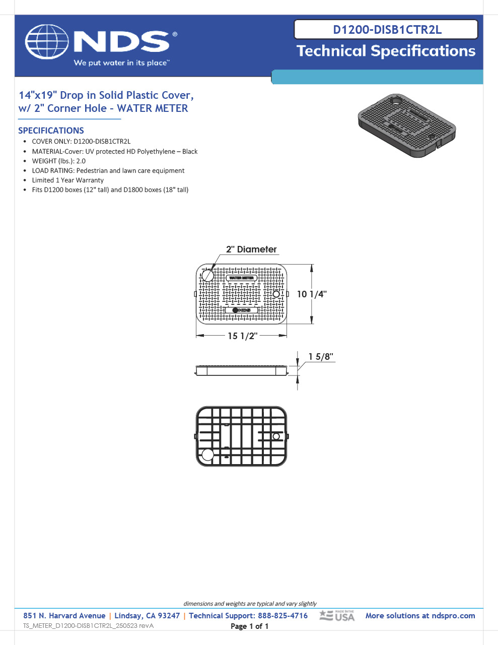 NDS 14 in. X 19 in. Rectangular D1200 Meter Box Drop-in Cover, Black Water Meter with Corner Hole Tech Spec