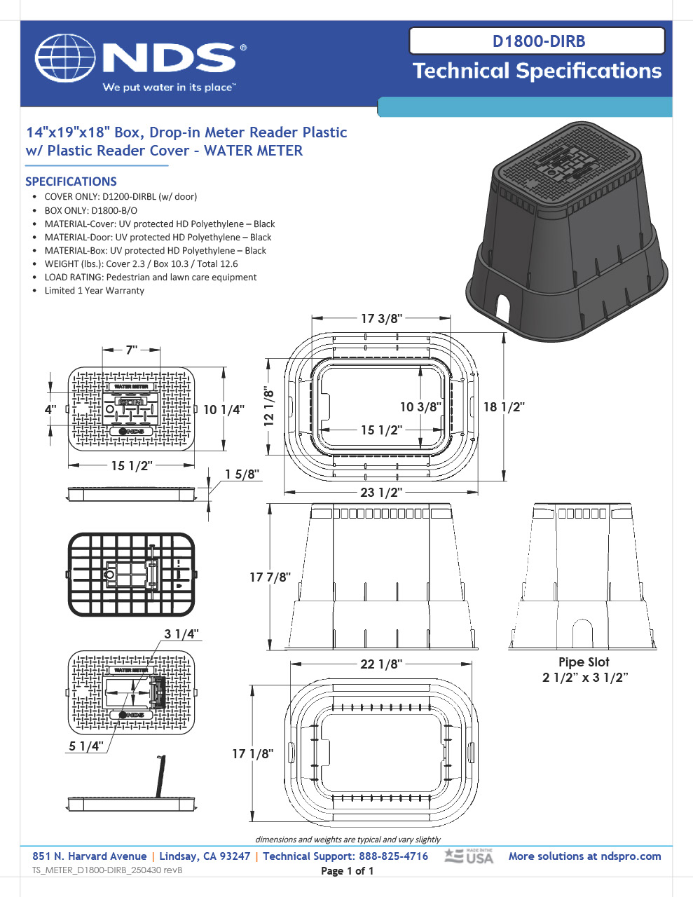 NDS 14 in. X 19 in. Rectangular D1800 Meter Box and Drop-in Cover, 18 in. Height, Black Box, Black Water Meter Cover with Plastic Reader Tech Spec