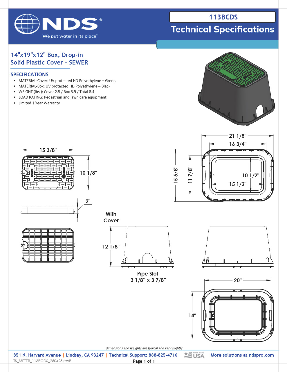 NDS 14 in. X 19 in. Rectangular Standard Series Meter Box and Drop-in Cover, 12 in. Height, Black Box, Green Sewer Cover Tech Spec