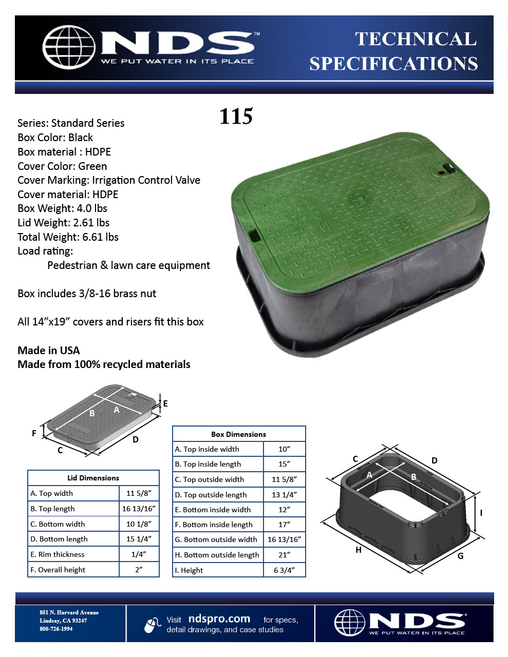 NDS 14 in. X 19 in. Rectangular Standard Series Black Valve Box Extension & Green ICV Cover Tech Spec