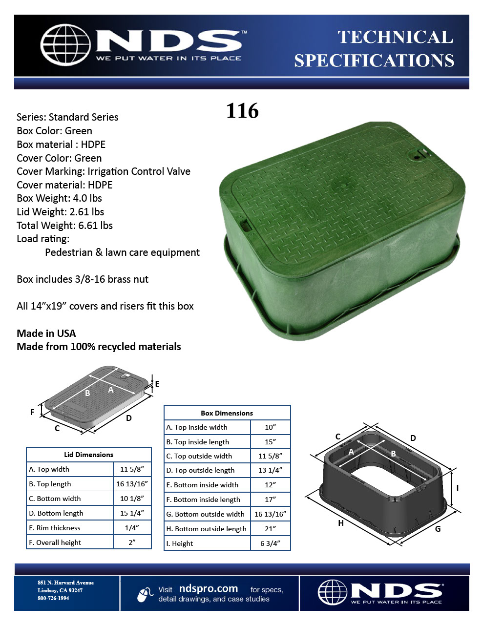 NDS 14 in. X 19 in. Rectangular Standard Series Green Valve Box Extension & Green ICV Cover Tech Spec