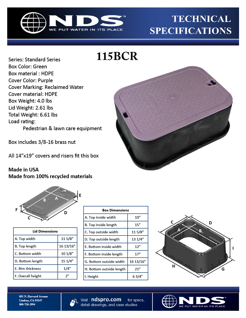 NDS 14 in. X 19 in. Rectangular Standard Series Black Valve Box Extension & Purple Reclaimed Water Cover Tech Spec