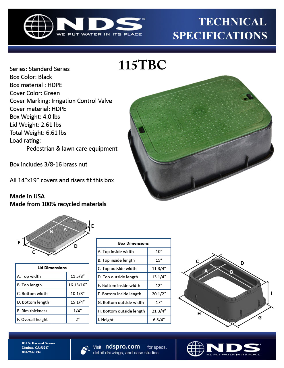 NDS 14 in. X 19 in. Rectangular Standard Series Black Valve Box Tapered Extension & Green ICV Cover