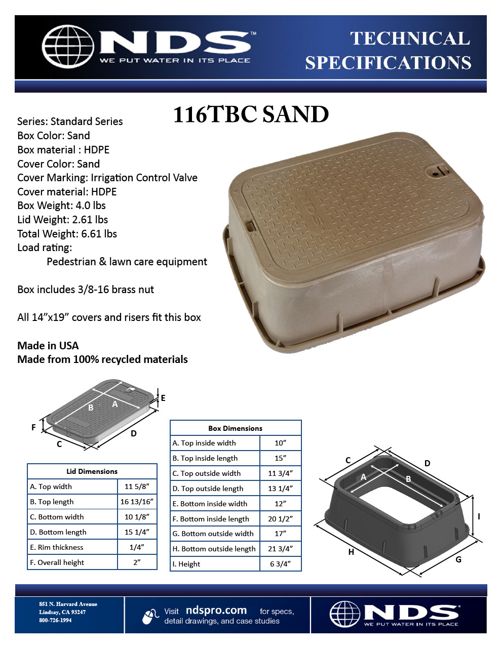 NDS 14 in. X 19 in. Rectangular Standard Series Sand Valve Box Tapered Extension & Sand ICV Cover Tech Spec
