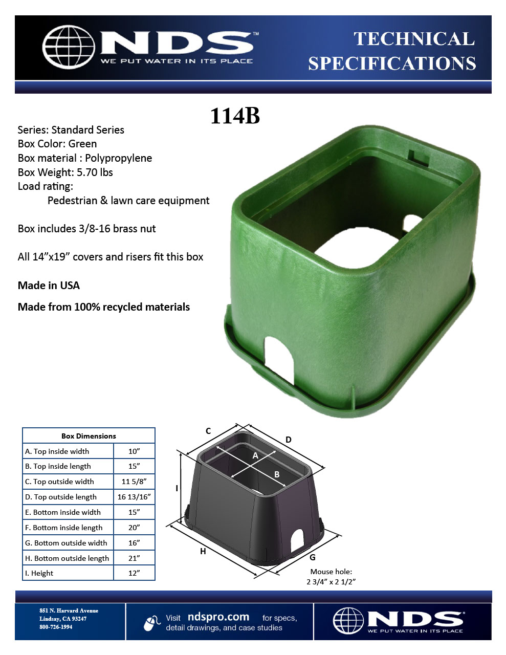 NDS 14 in. X 19 in. Rectangular Standard Series Green Valve Box Tech Spec