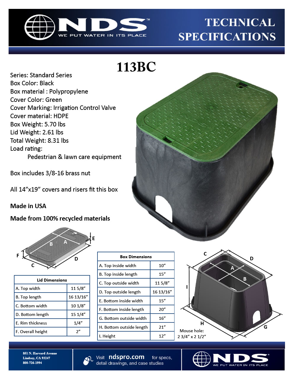 NDS 14 in. X 19 in. Rectangular Standard Series Valve Black Box and Green ICV Cover Tech Spec