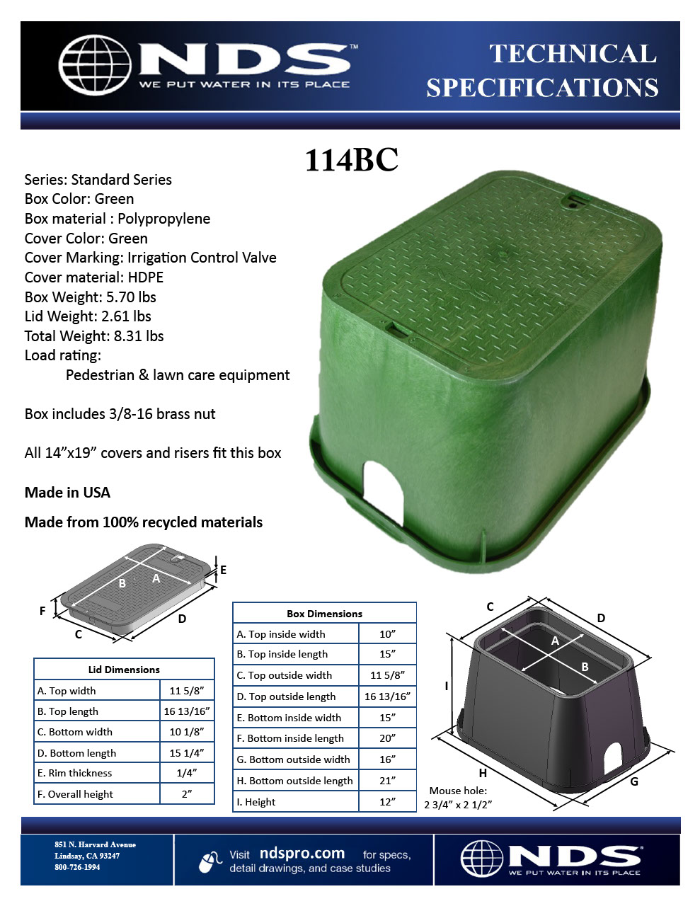 NDS 14 in. X 19 in. Rectangular Standard Series Green Valve Box & Green ICV Cover Tech Spec
