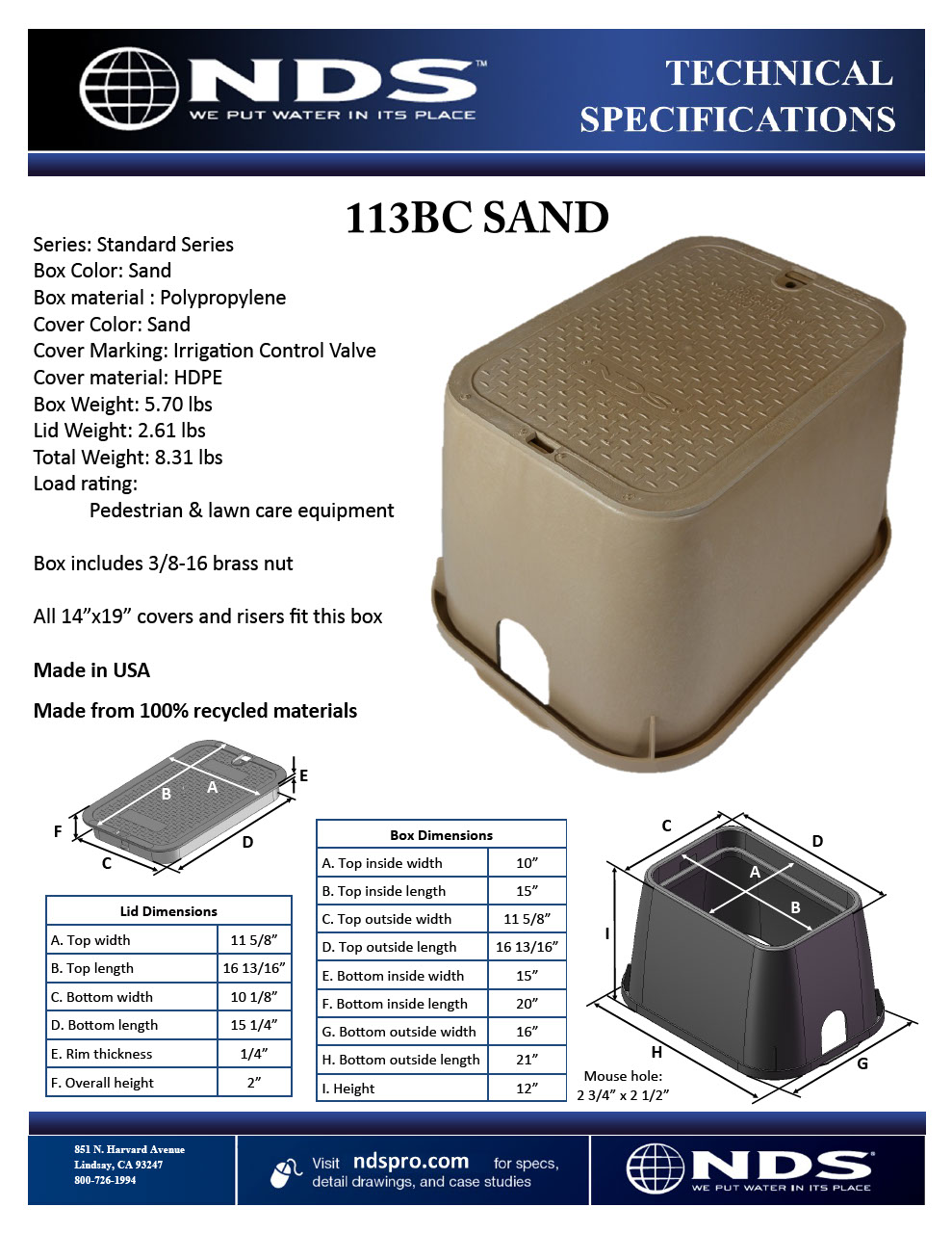 NDS 14 in. X 19 in. Rectangular Standard Series Sand Valve Box and Sand ICV Cover Tech Spec