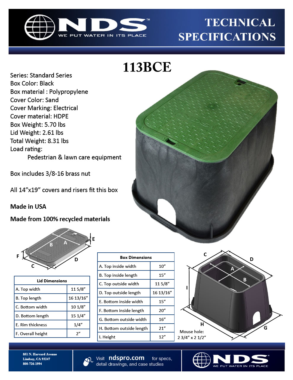 NDS 14 in. X 19 in. Rectangular Standard Series Black Valve Box and Green Electrical Cover Tech Spec