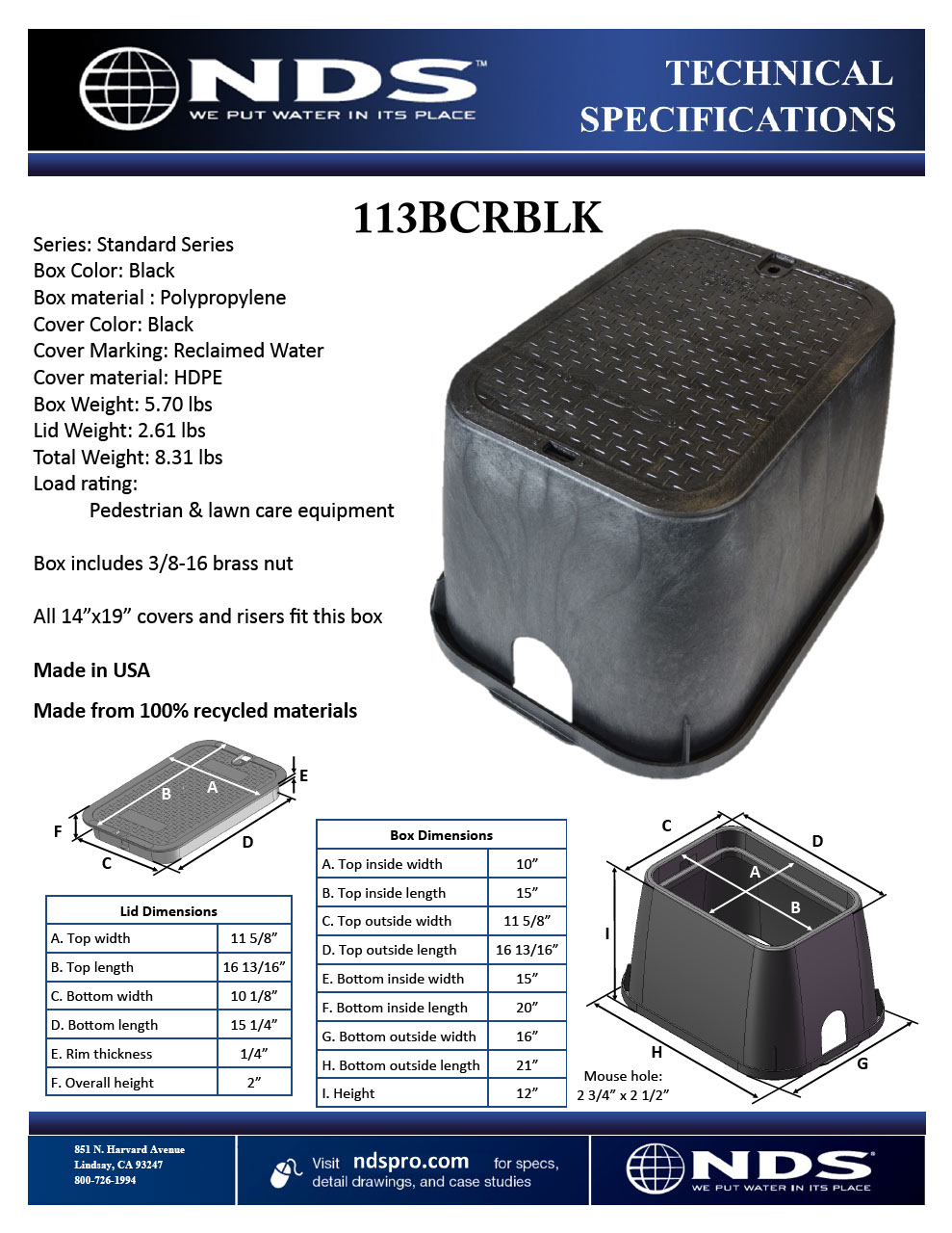 NDS 14 in. X 19 in. Rectangular Standard Series Black Valve Box and Black Reclaimed Water Cover Tech Spec