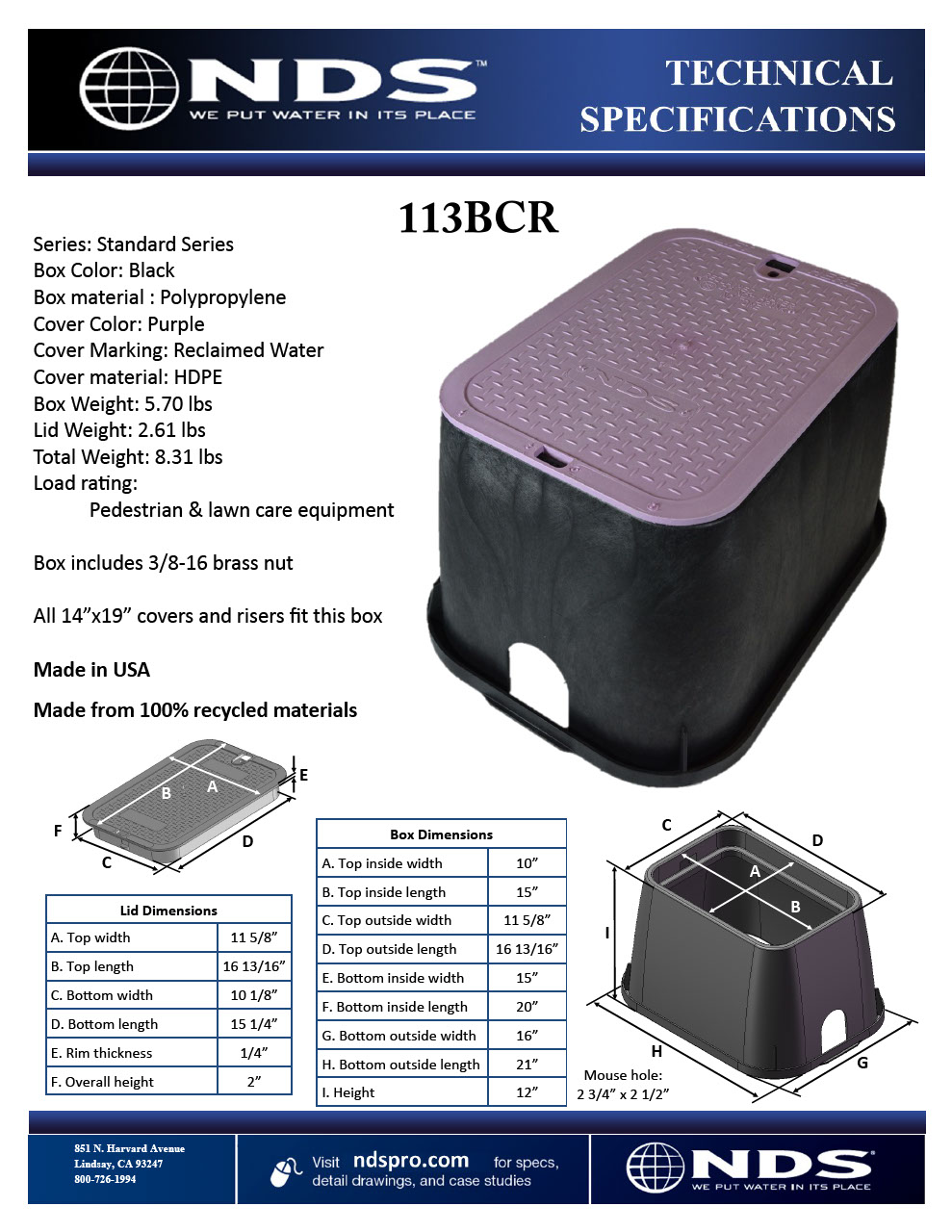 NDS 14 in. X 19 in. Rectangular Standard Series Black Valve Box and Purple Reclaimed Water Cover Tech Spec