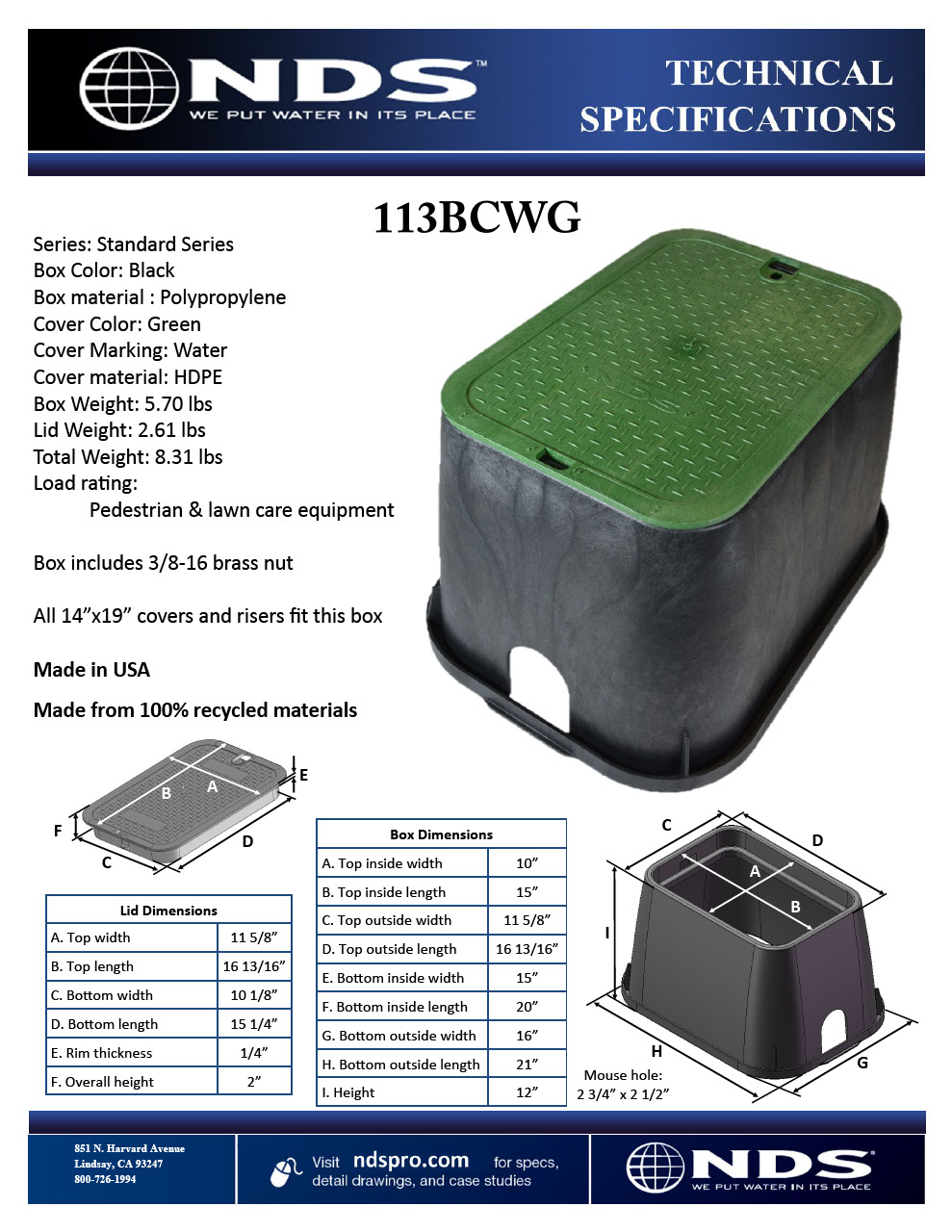 NDS 14 in. X 19 in. Rectangular Standard Series Black Valve Box and Green Water Cover Tech Spec