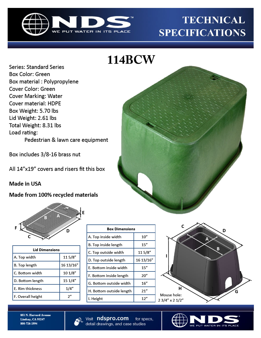 NDS 14 in. X 19 in. Rectangular Standard Series Green Valve Box & Green ICV Cover Tech Spec