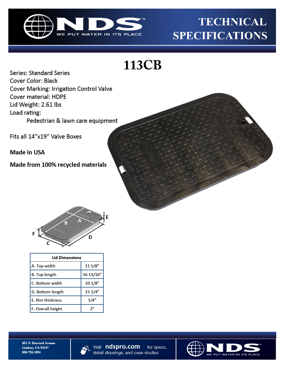 NDS 14 in. X 19 in. Rectangular Standard Series Black Irrigation Control Valve Box Cover Tech Spec