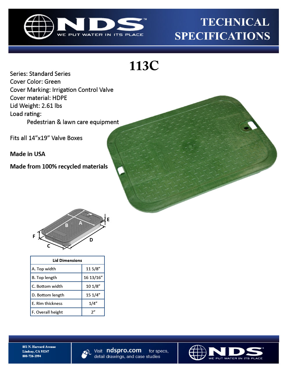 NDS 14 in. X 19 in. Rectangular Standard Series Green Irrigation Control Valve Box Cover Tech Spec