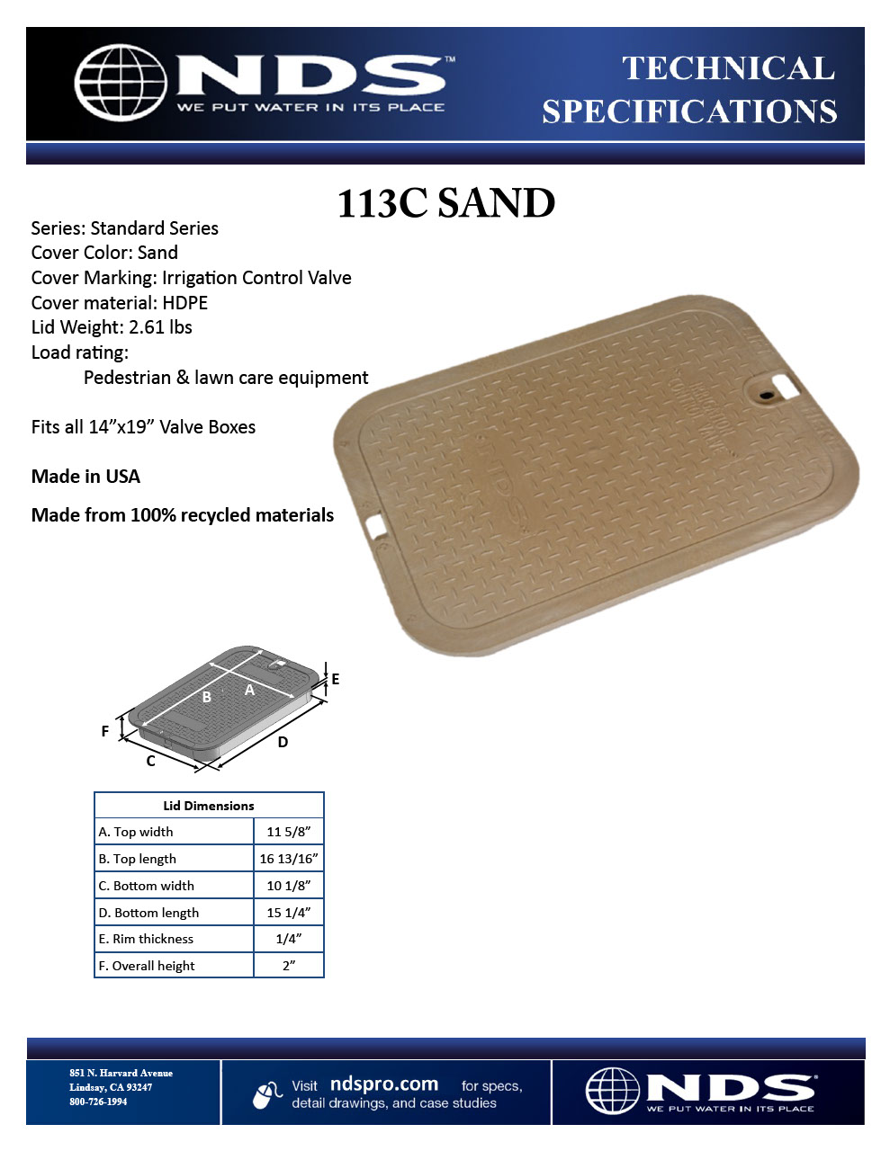 NDS 14 in. X 19 in. Rectangular Standard Series Sand ICV Valve Box Cover Tech Spec