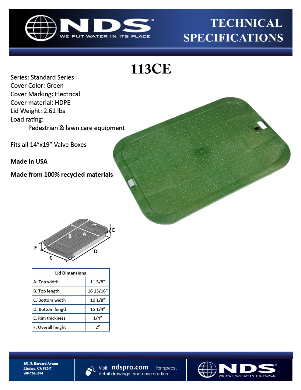 NDS 14 in. X 19 in. Rectangular Standard Series Green Electrical Valve Box Cover Tech Spec