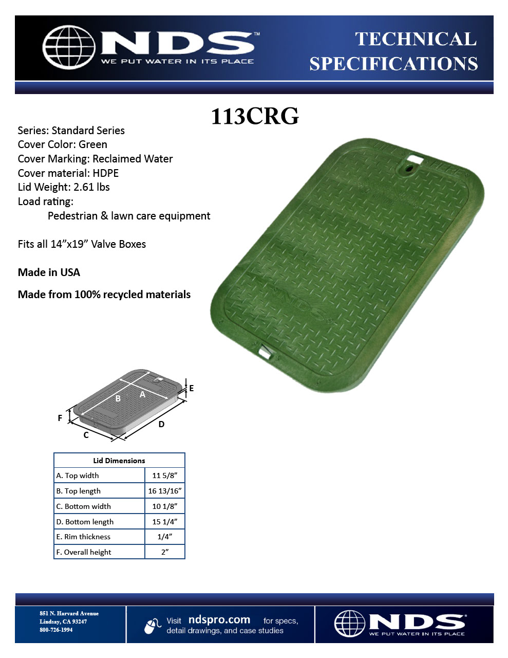 NDS 14 in. X 19 in. Rectangular Standard Series Green Reclaimed Water Valve Box Cover Tech Spec