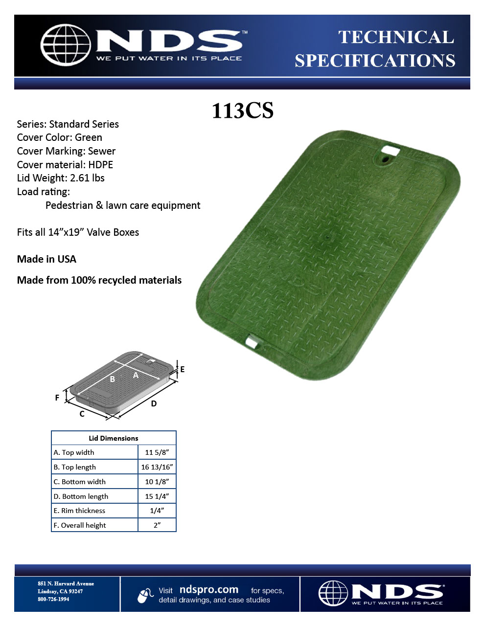 NDS 14 in. X 19 in. Rectangular Standard Series Green Sewer Water Valve Box Cover Tech Spec
